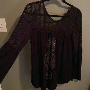 Desigual Black Long-Sleeve Lace-Detail Boho Blouse